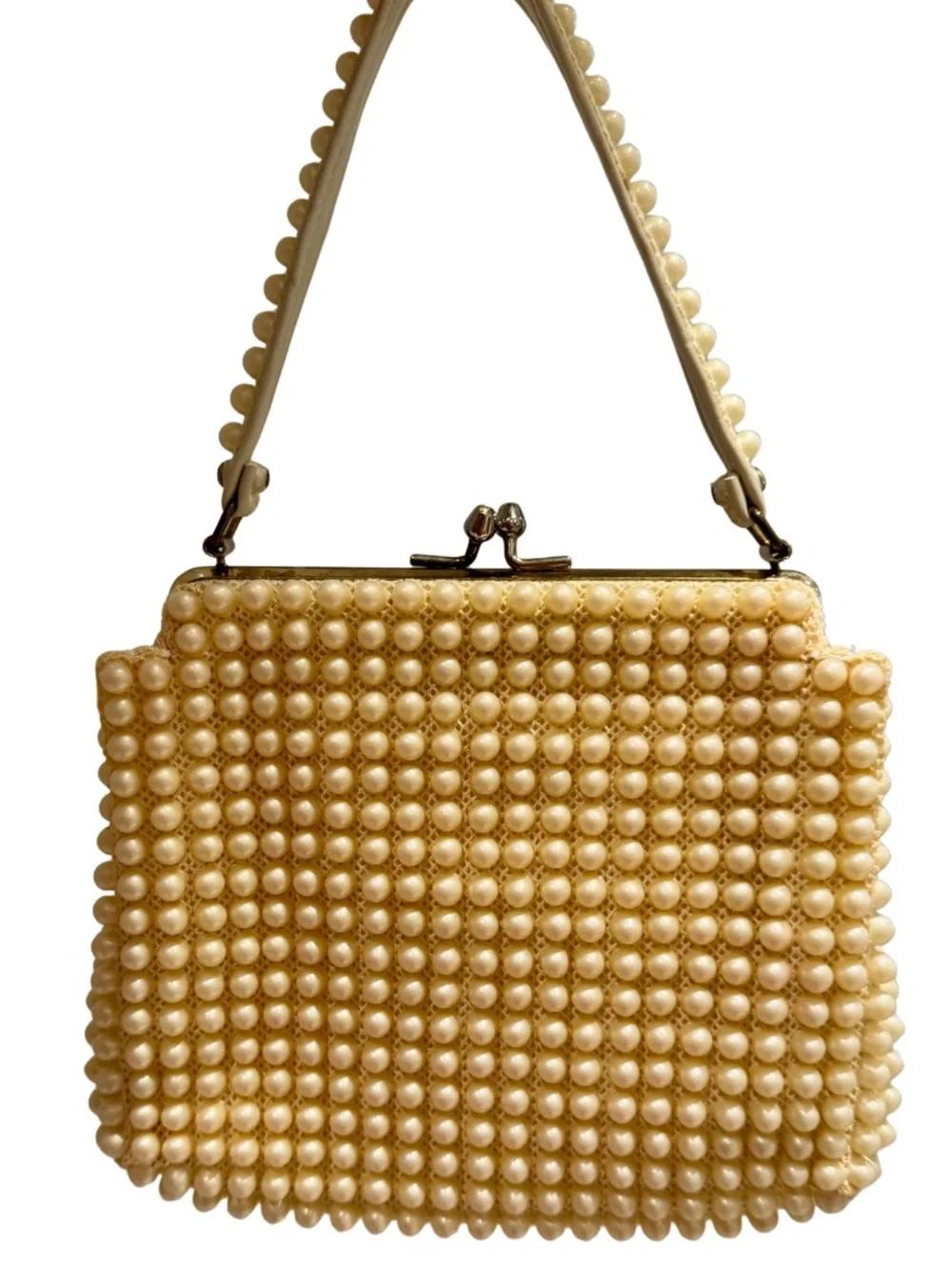 Vintage Pearl-Embellished Cream Frame Clutch Purse Handbag - Retro!